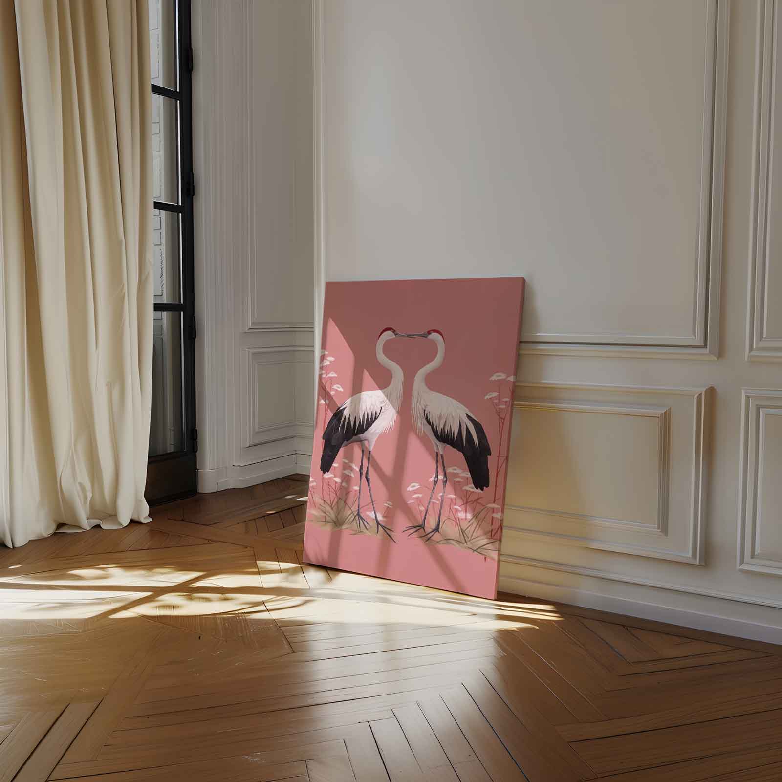 Romantische Kraanvogels op Rosa Achtergrond Kunstwerk-canvas-dibond-plexiglas-wanddecoratie-WallArtistic