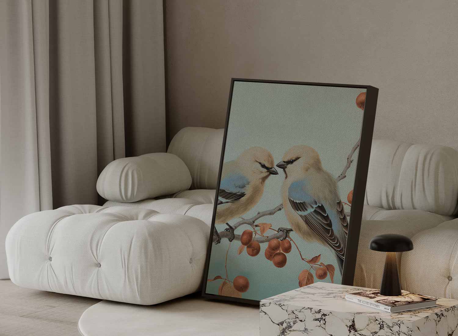 Twee Vogels op een Tak Kunstwerk-canvas-dibond-plexiglas-wanddecoratie-WallArtistic
