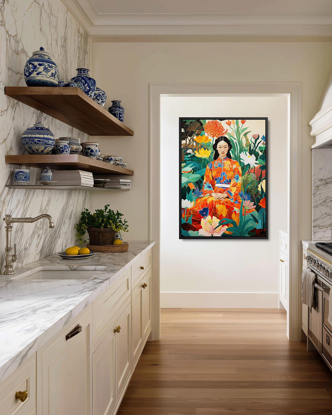 Vrouw in bloementuin Kunstwerk