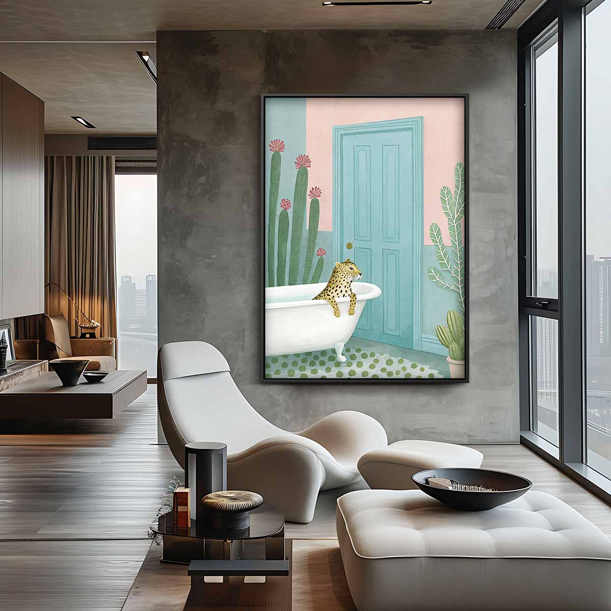 Luierende Luipaard in Bad Kunstwerk-canvas-dibond-plexiglas-wanddecoratie-WallArtistic