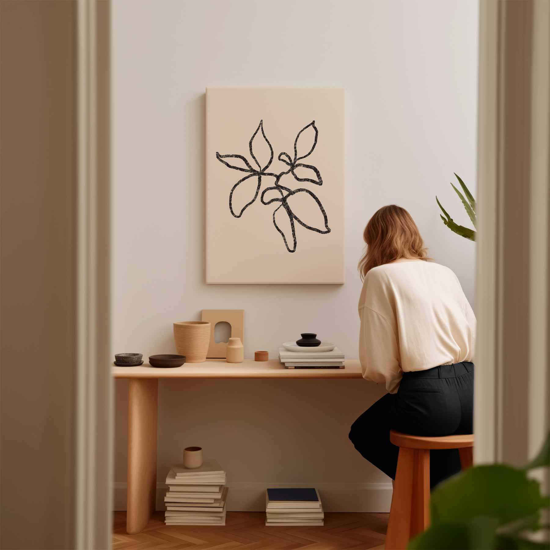 Minimalistische Bladeren Schets Kunstwerk-canvas-dibond-plexiglas-wanddecoratie-WallArtistic