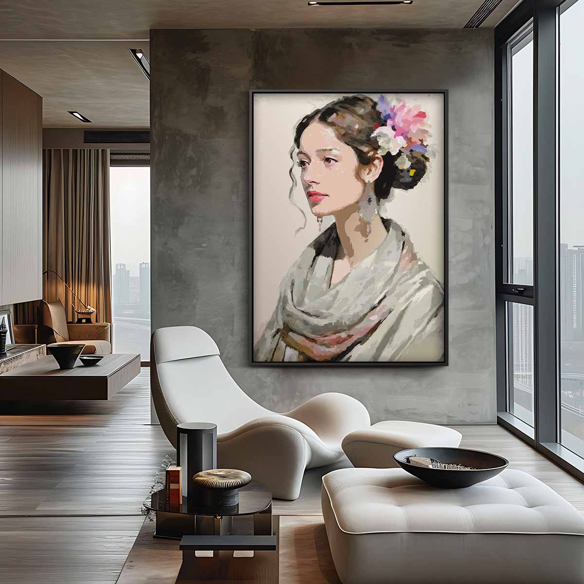 Vrouw met Bloemmotief Kunstwerk-canvas-dibond-plexiglas-wanddecoratie-WallArtistic