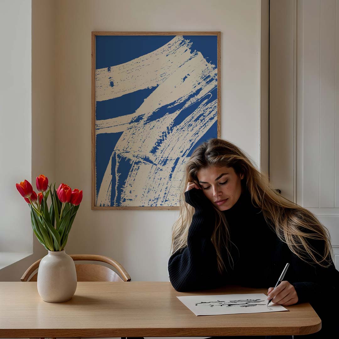 Blauwe Abstracte Borstelstreken Poster-WallArtistic