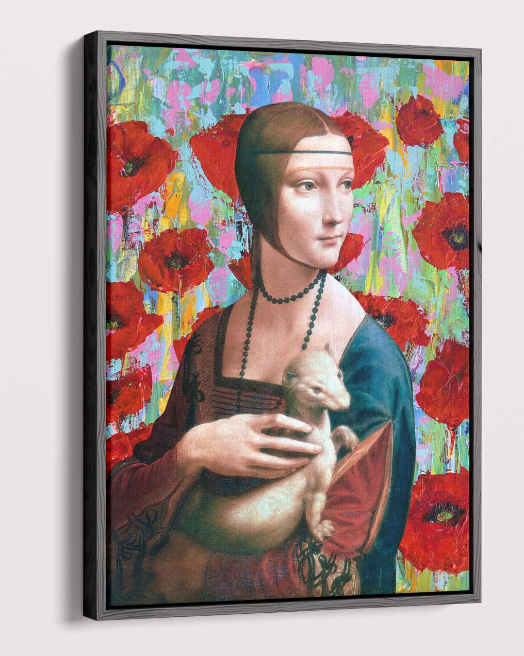 Vrouw met Wezel en Rode Bloemen Kunstwerk-canvas-dibond-plexiglas-wanddecoratie-WallArtistic