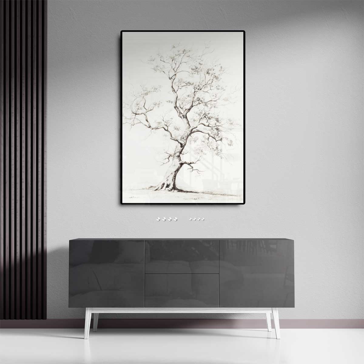 Elegante Boomtekening in Zwart-Wit Kunstwerk-canvas-dibond-plexiglas-wanddecoratie-WallArtistic