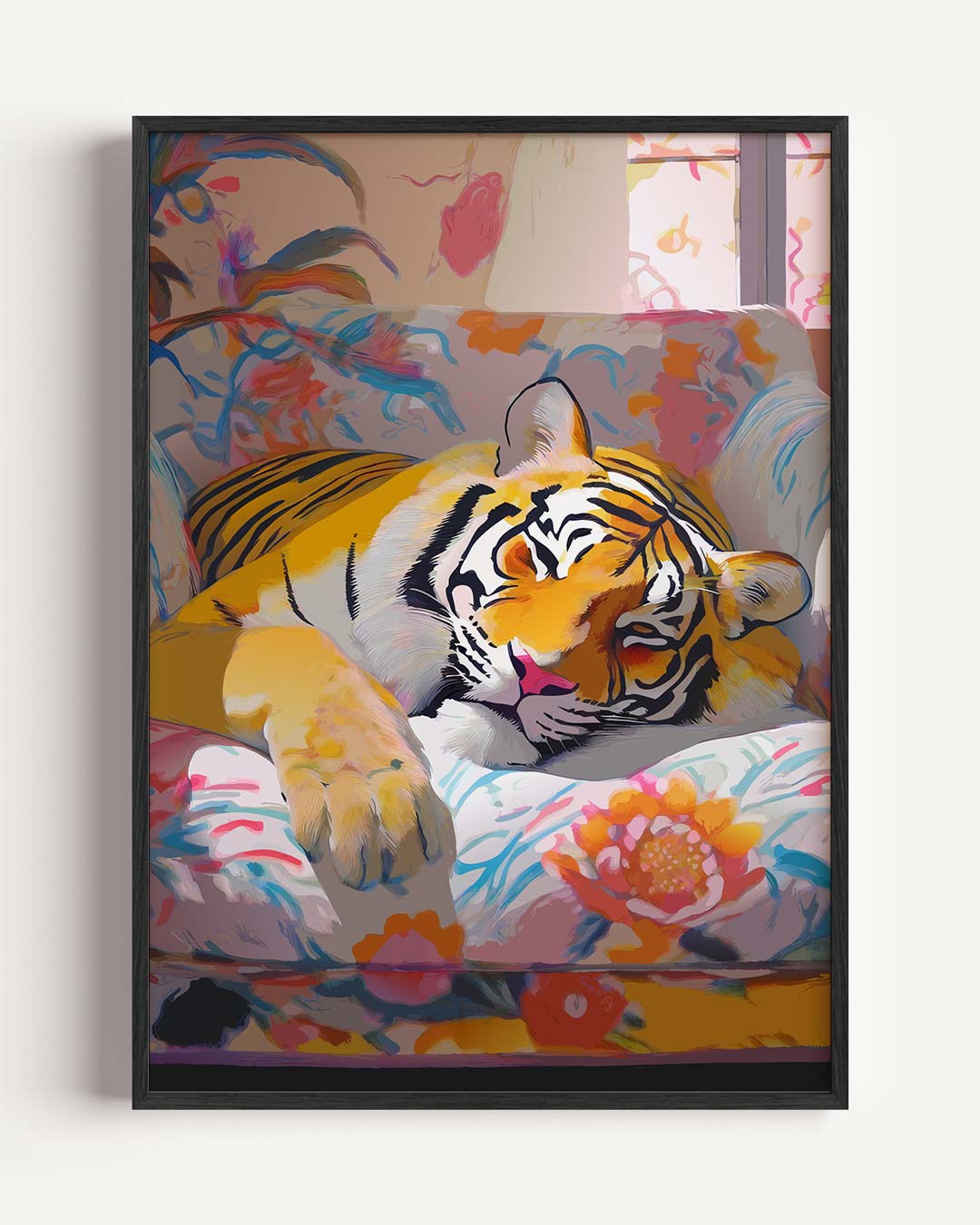 Dromerige Tijger op Bloemige Bank Poster-WallArtistic