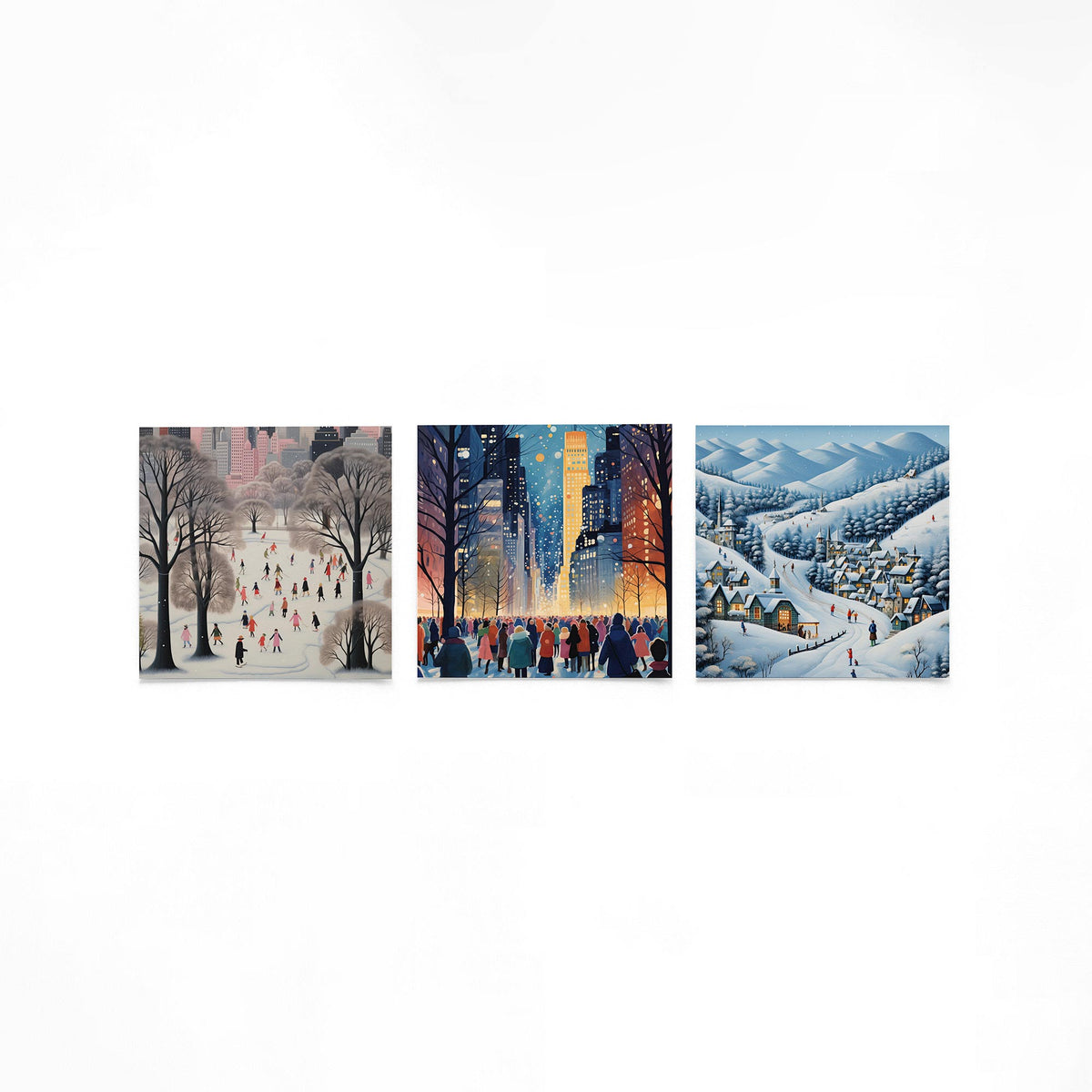 Drie vierkante posters met winterse stad en bergen op een gebroken witte achtergrond