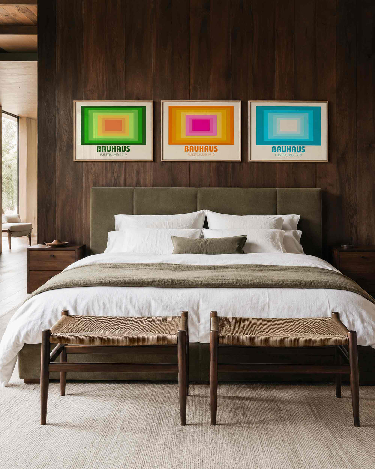 Interieurmockup van drieluik landscape-posterset met gelaagde kleurkaders