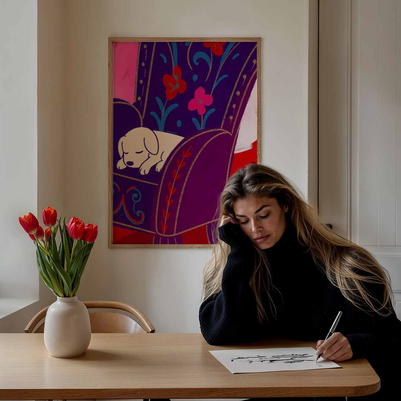 Slaaplief Hondje op Bloemenstoel Poster-WallArtistic