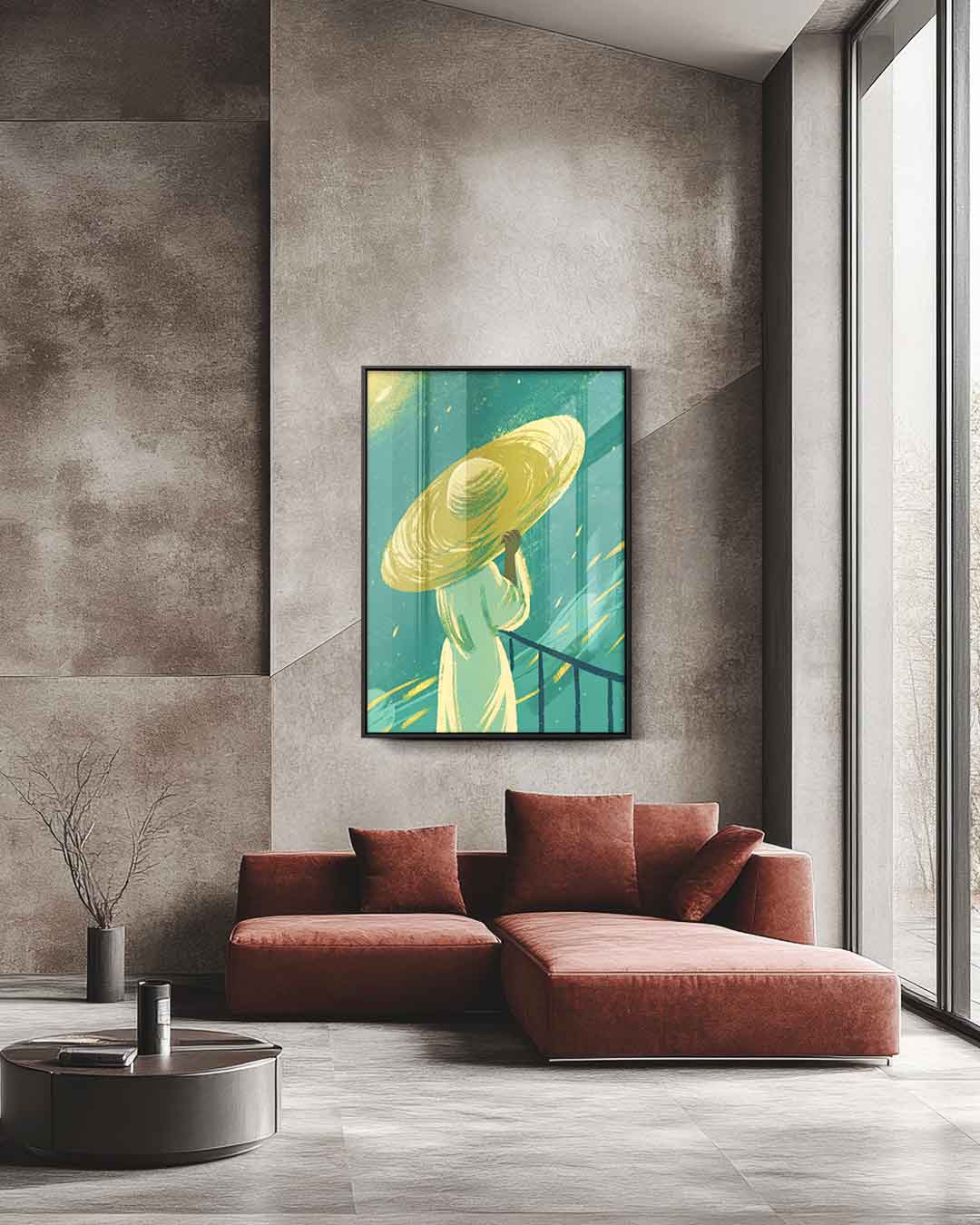 Vrouw met Gele Hoed in de Wind Kunstwerk-canvas-dibond-plexiglas-wanddecoratie-WallArtistic