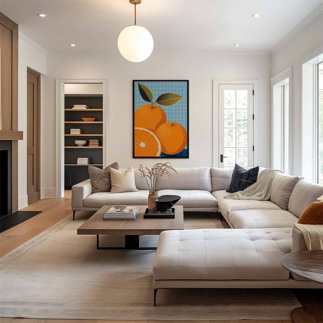 Vrolijke Sinaasappels op Blauw Kunstwerk-canvas-dibond-plexiglas-wanddecoratie-WallArtistic