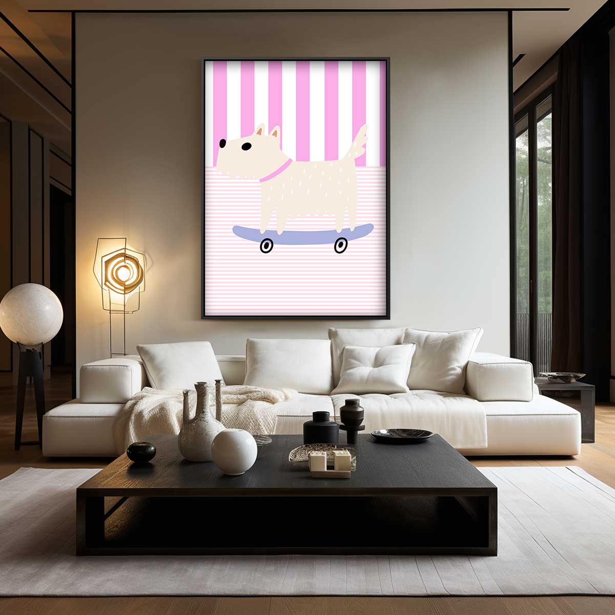 Skater Hondje op Roze Strepen Kunstwerk-canvas-dibond-plexiglas-wanddecoratie-WallArtistic