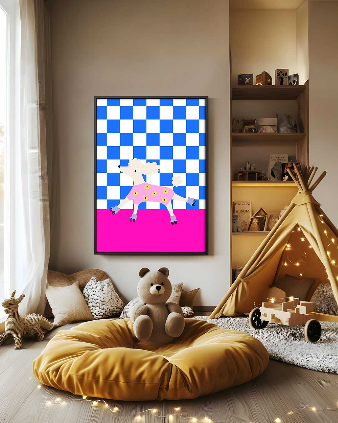 Rollerschaatsende Poedel Kunstwerk-canvas-dibond-plexiglas-wanddecoratie-WallArtistic
