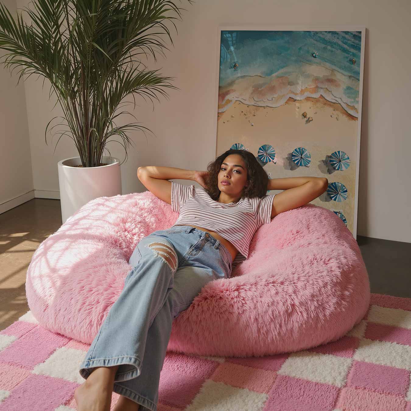 Stranduitzicht met Blauwe Parasolletjes Poster-WallArtistic