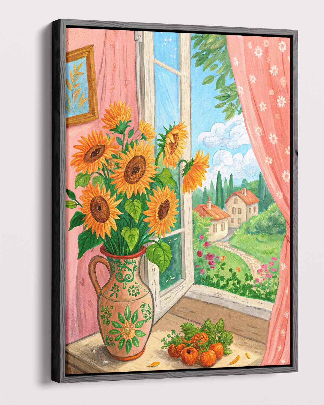Zonnige Zonnebloemen aan het Raam Kunstwerk-canvas-dibond-plexiglas-wanddecoratie-WallArtistic