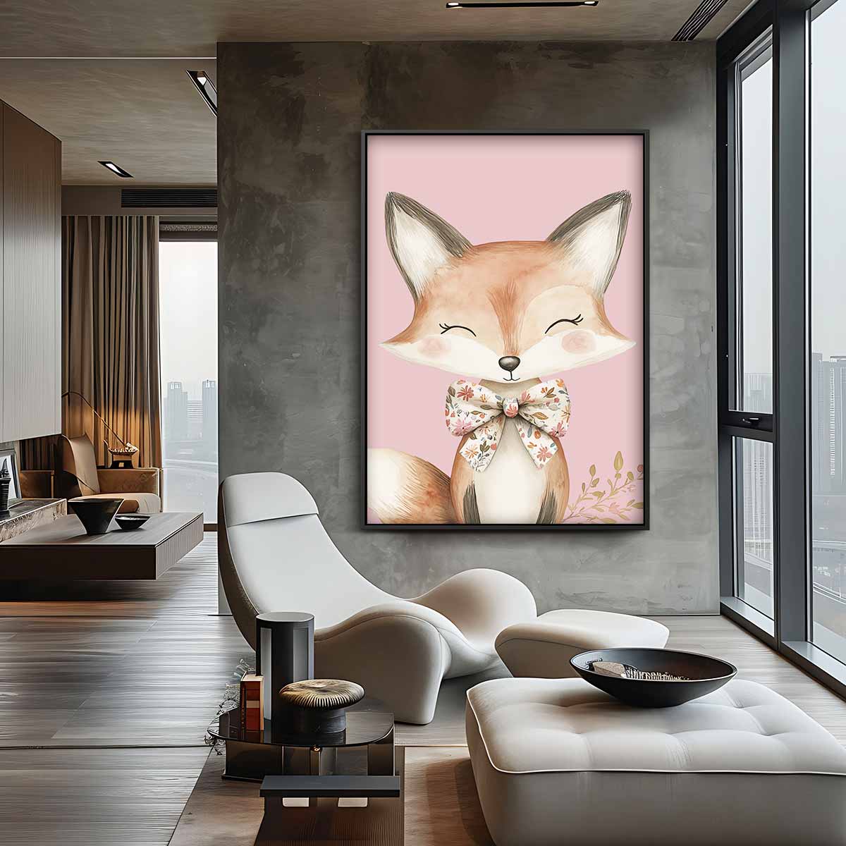 Schattige Vos met Strik Kunstwerk-canvas-dibond-plexiglas-wanddecoratie-WallArtistic