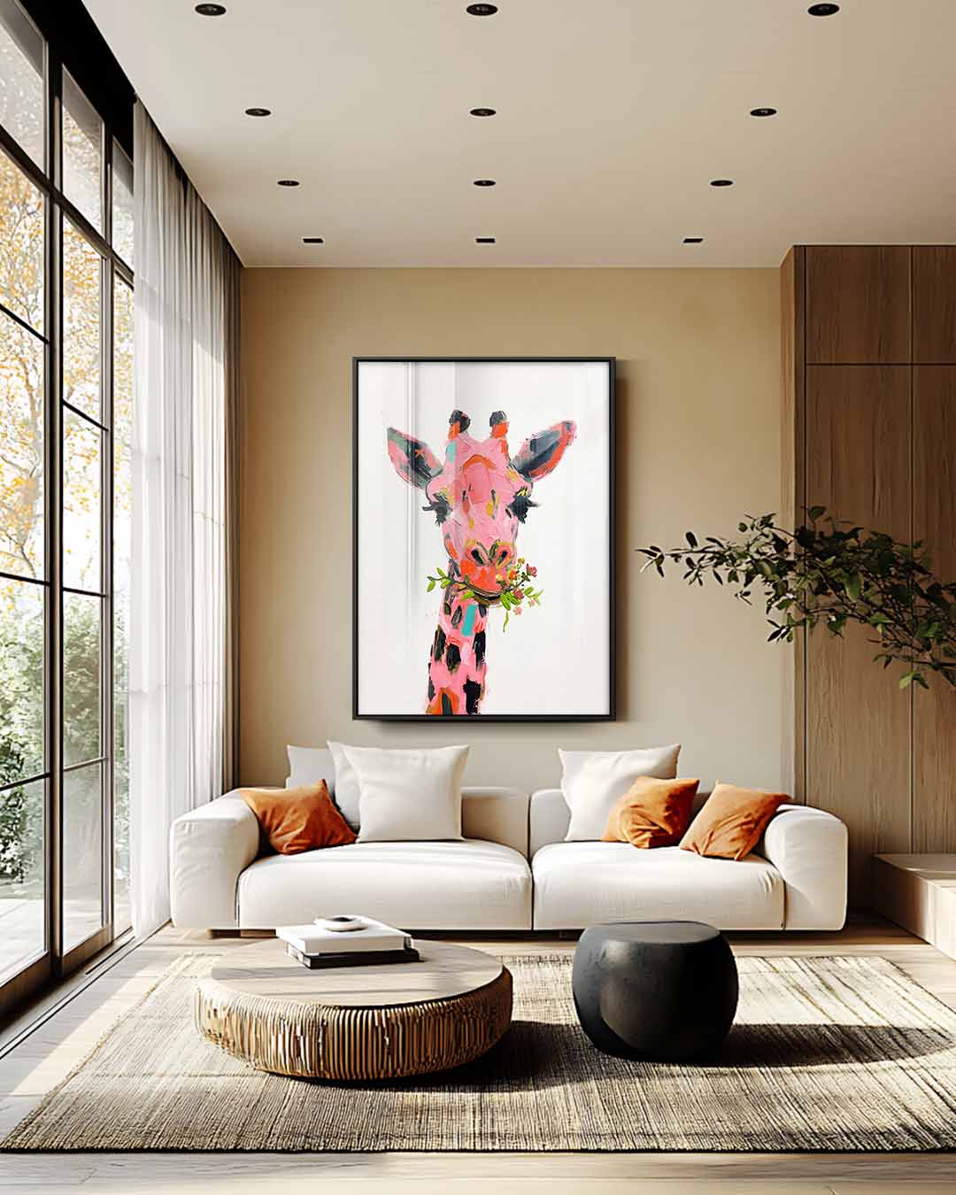 Kleurrijke Giraffe Bloemenpracht Kunstwerk-canvas-dibond-plexiglas-wanddecoratie-WallArtistic