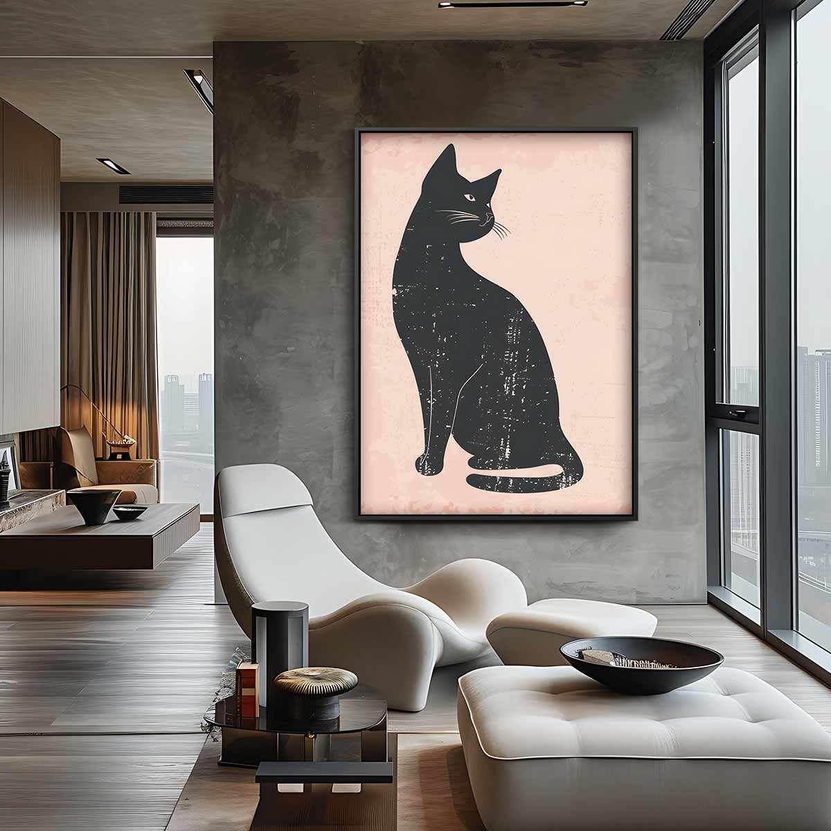 Elegante Zwarte Kat op Rustieke Achtergrond Kunstwerk-canvas-dibond-plexiglas-wanddecoratie-WallArtistic
