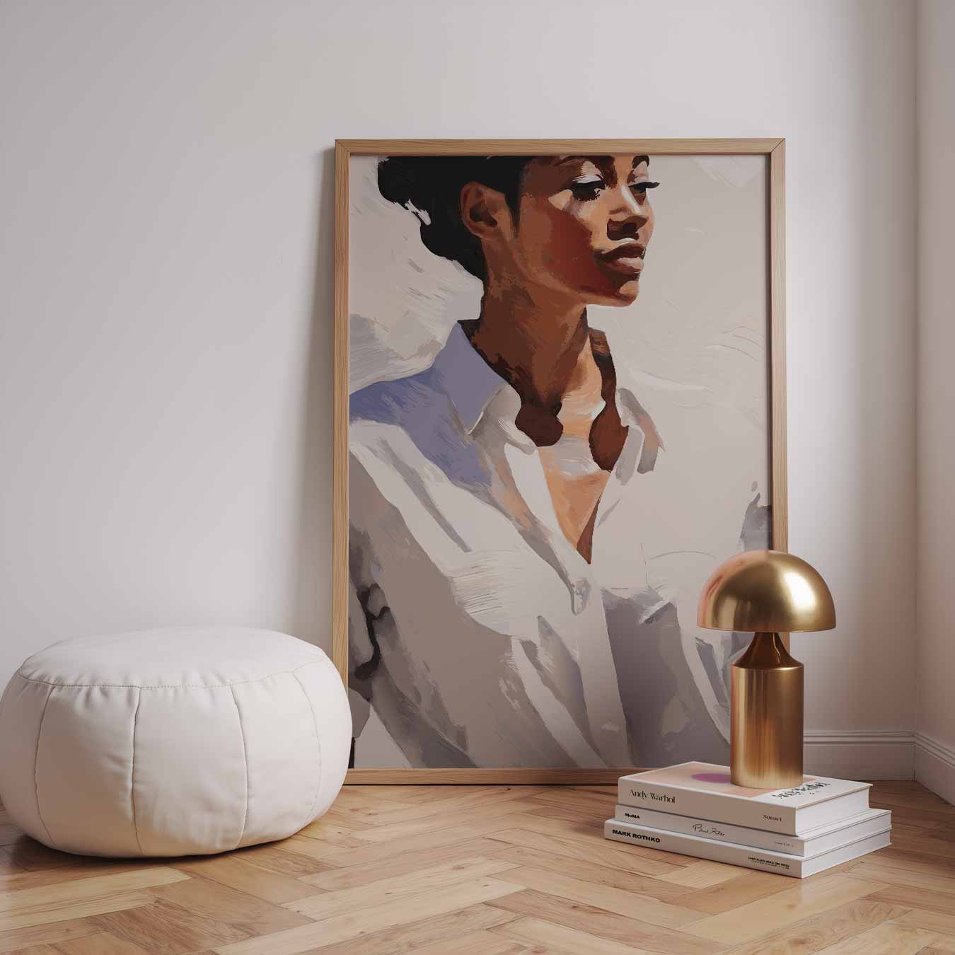 Elegante Vrouw in Witte Blouse Poster