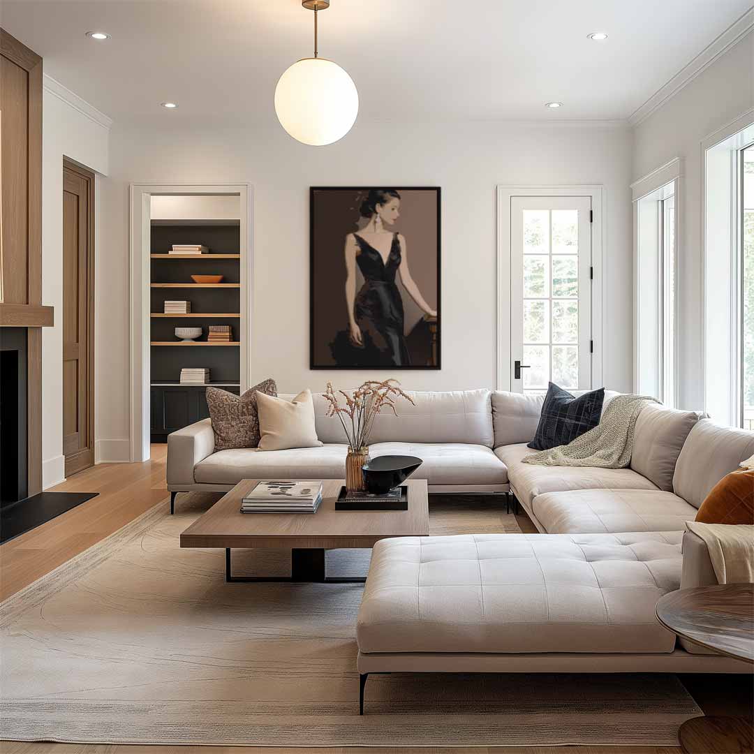 Elegante Dame in Zwarte Jurk Kunstwerk-canvas-dibond-plexiglas-wanddecoratie-WallArtistic