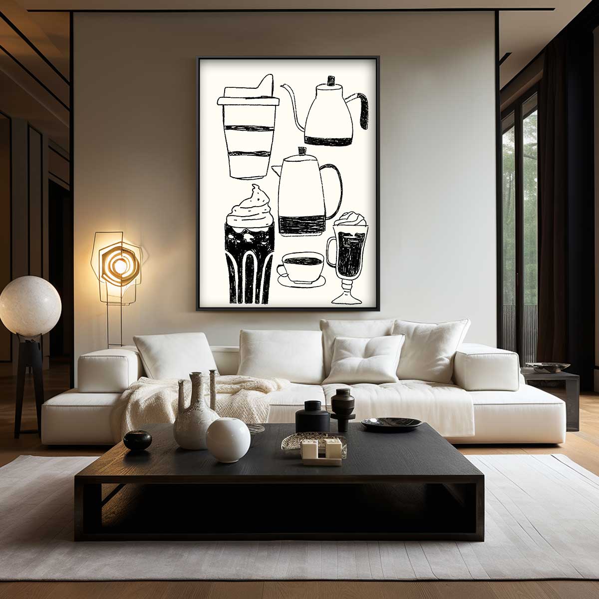 Koffieplezier in Lijnkunst Kunstwerk-canvas-dibond-plexiglas-wanddecoratie-WallArtistic