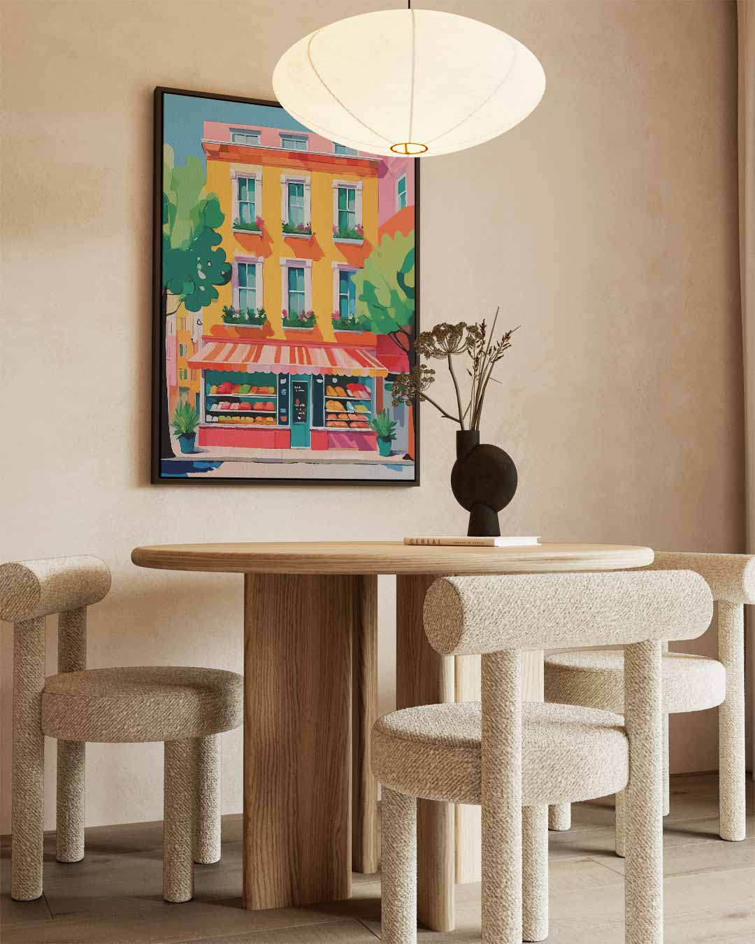 Kleurrijke Buurtbistro Voorgevel Kunstwerk-canvas-dibond-plexiglas-wanddecoratie-WallArtistic