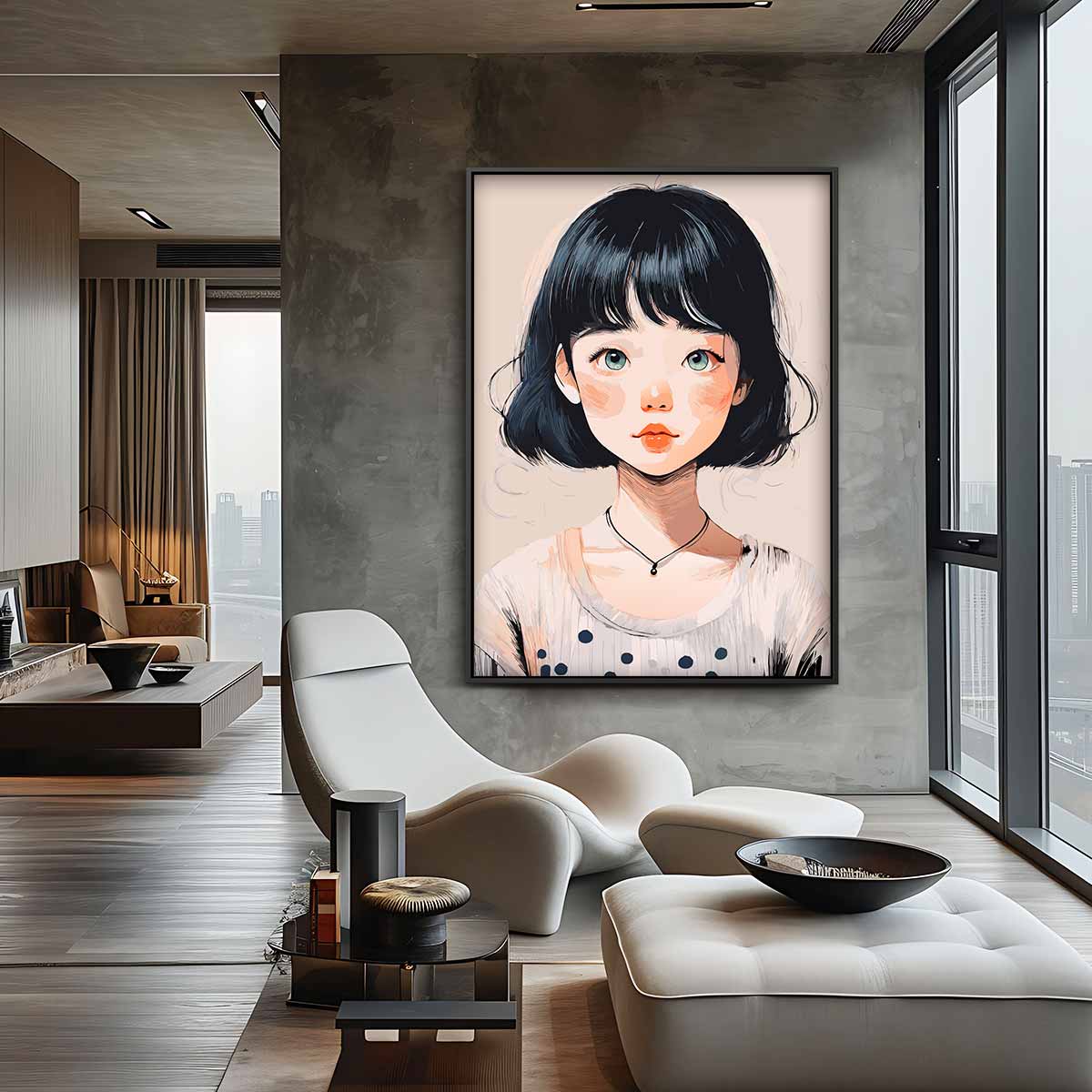 Meisje met Zwarte Boblijn Kunstwerk-canvas-dibond-plexiglas-wanddecoratie-WallArtistic