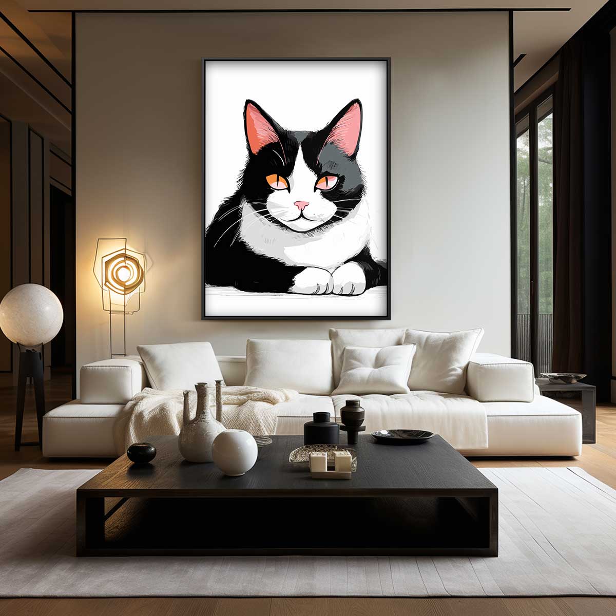 Relaxte Kat in Stijlvolle Zwart-Wit Illustratie Kunstwerk-canvas-dibond-plexiglas-wanddecoratie-WallArtistic