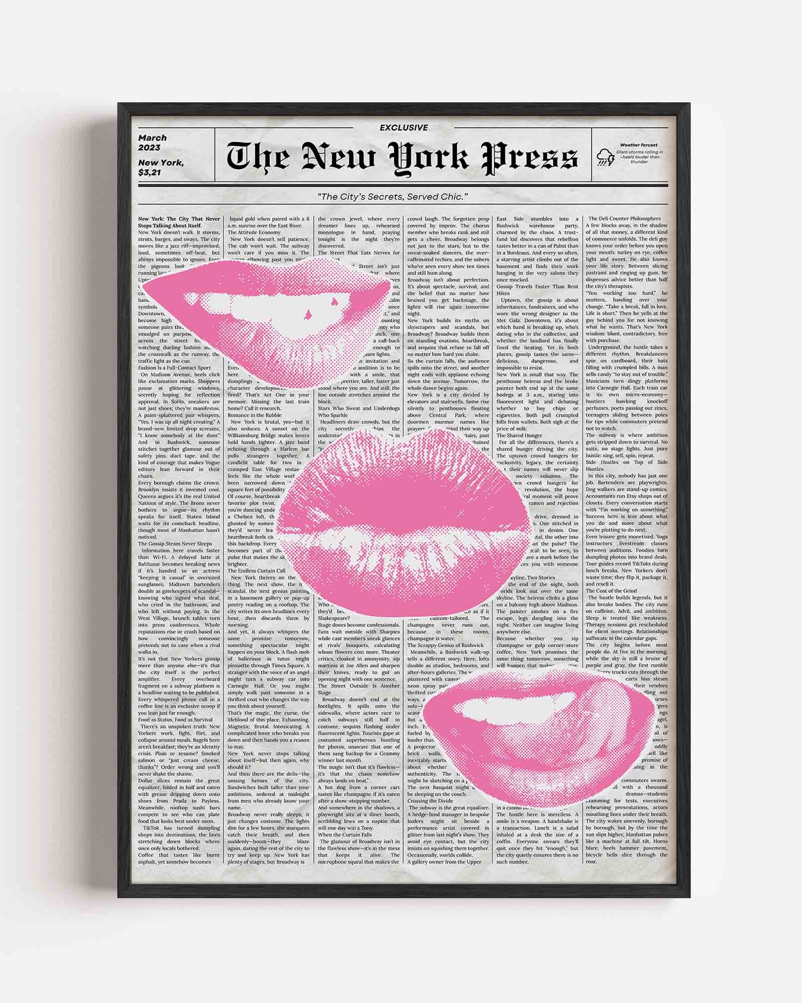 Roze lippen op krantenachtergrond Poster