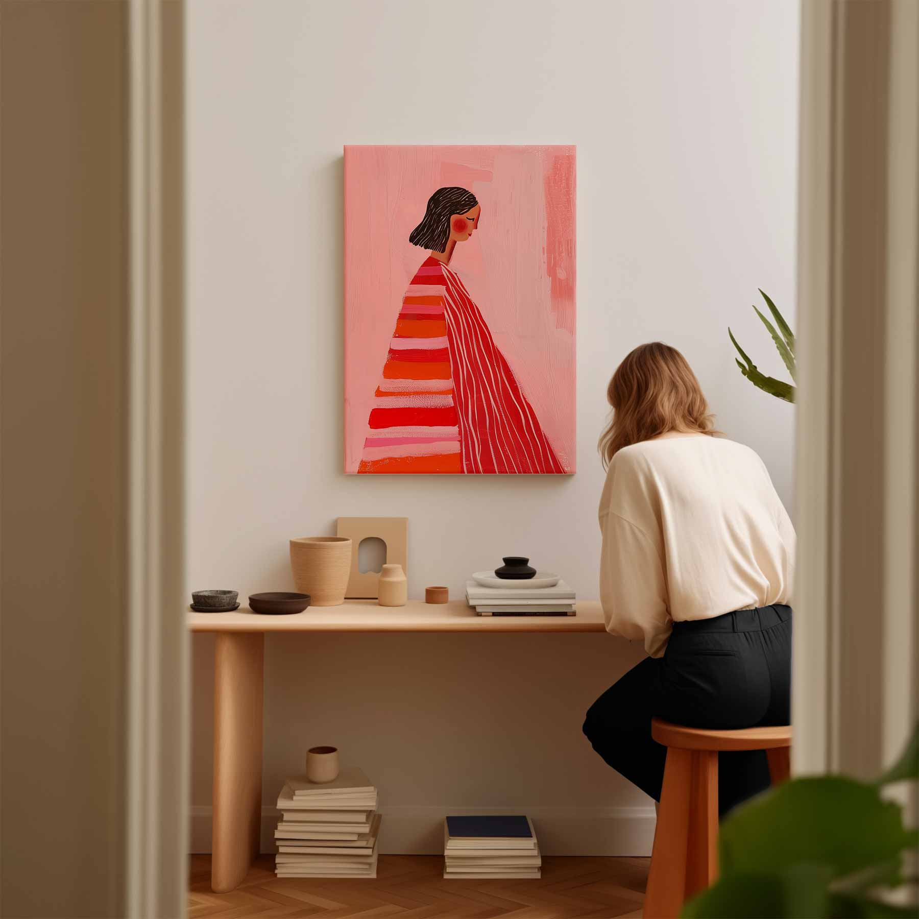 Vrouw in Roze en Rood Kunstwerk-canvas-dibond-plexiglas-wanddecoratie-WallArtistic