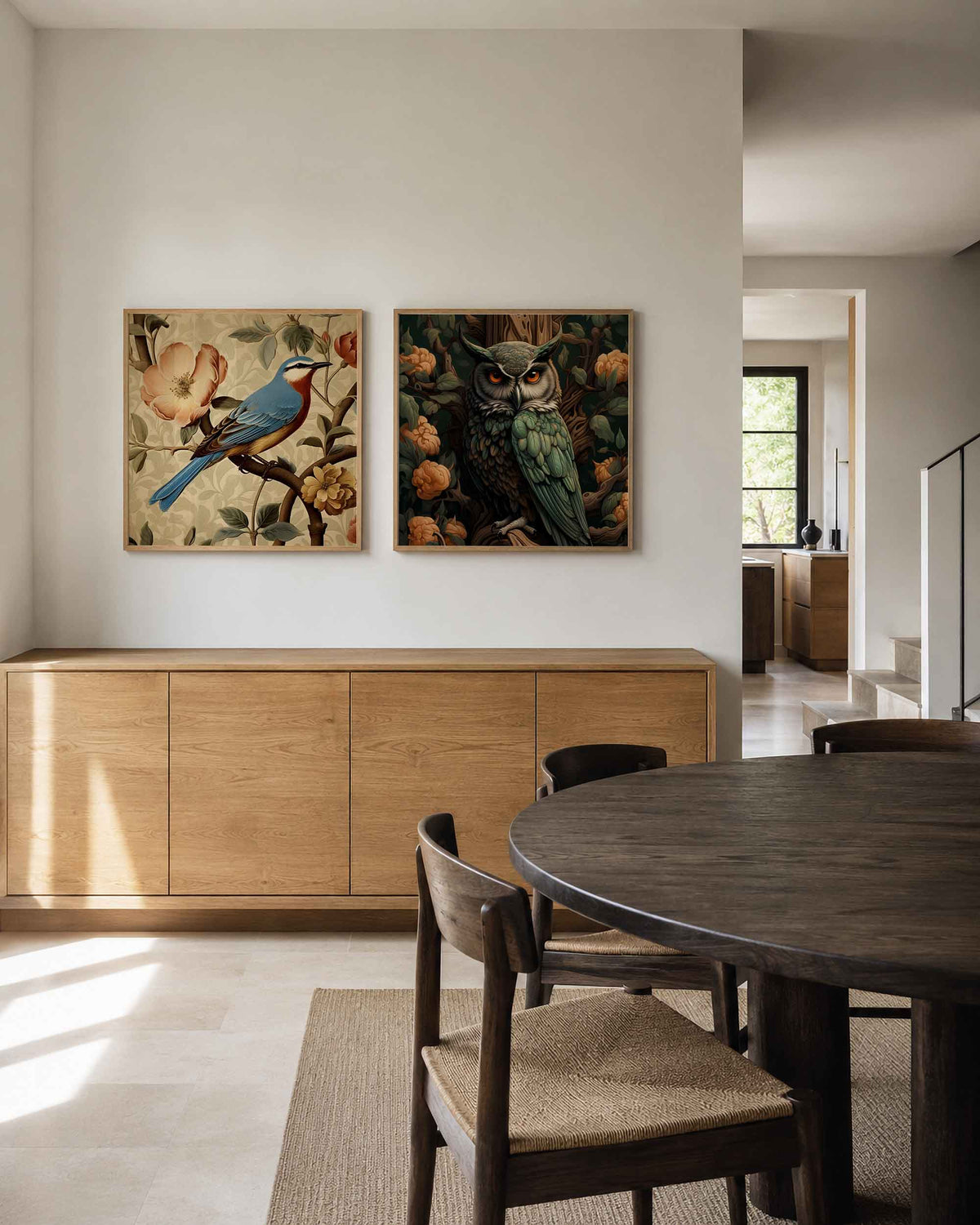 Interieurpresentatie van een tweedelige vierkante posterset met vogels en bloemen