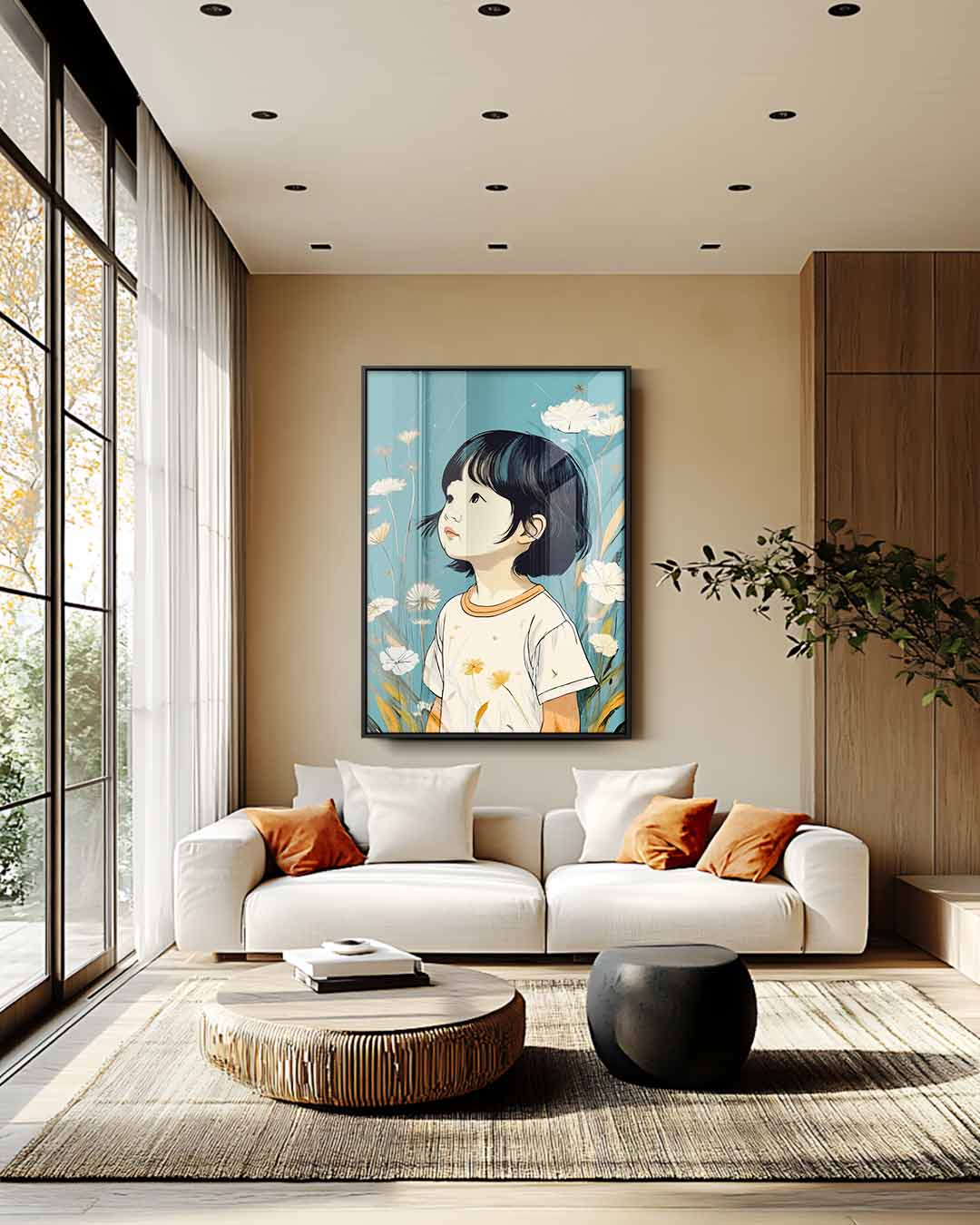Dromerig Kind in Bloementuin Kunstwerk-canvas-dibond-plexiglas-wanddecoratie-WallArtistic