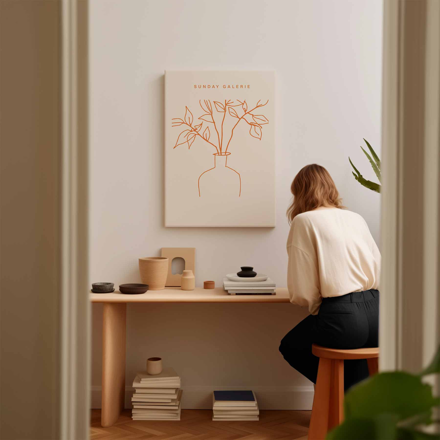 Simpele Lijntekening van Plant in Vaas Kunstwerk-canvas-dibond-plexiglas-wanddecoratie-WallArtistic