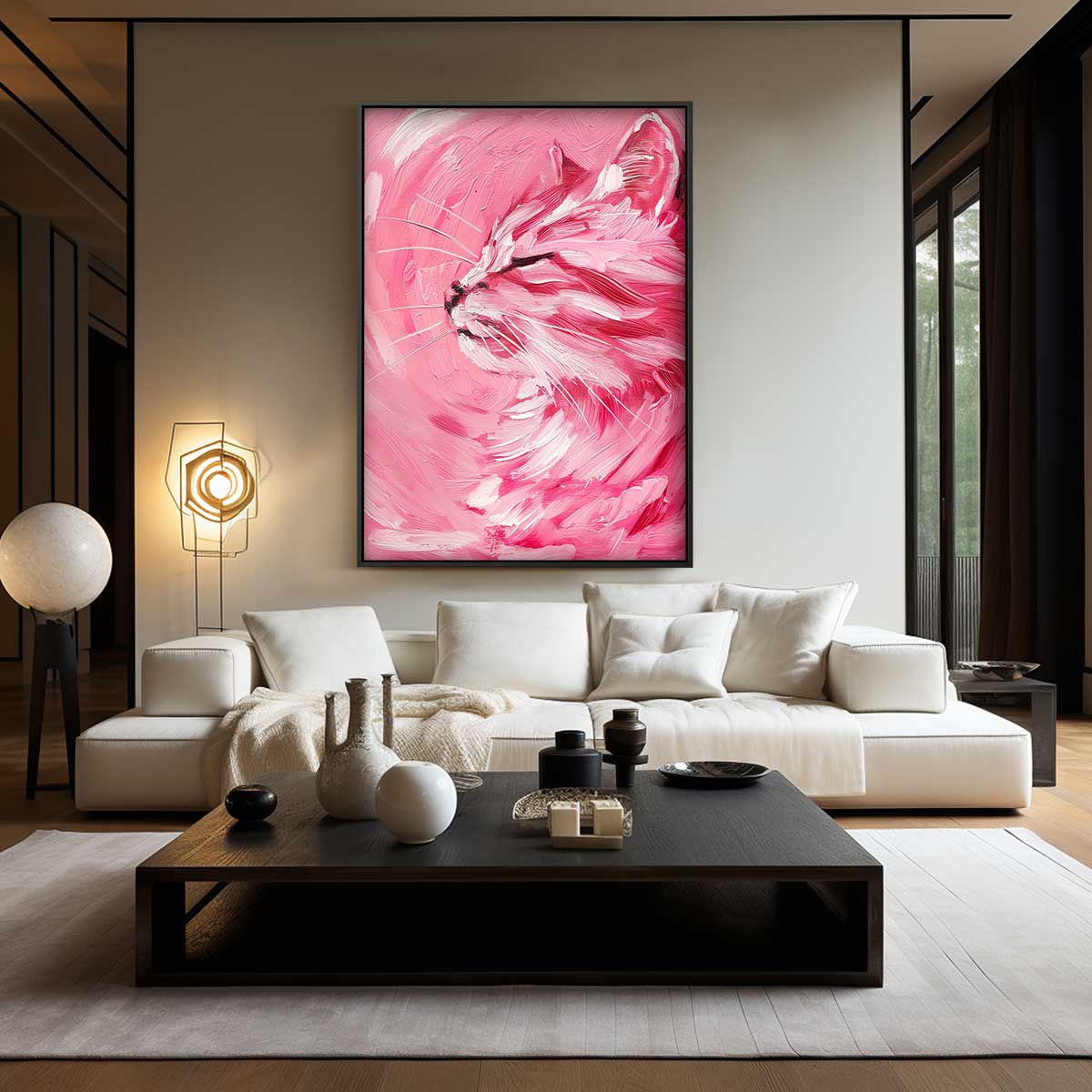 Dromerige Roze Kat Kunstwerk-canvas-dibond-plexiglas-wanddecoratie-WallArtistic