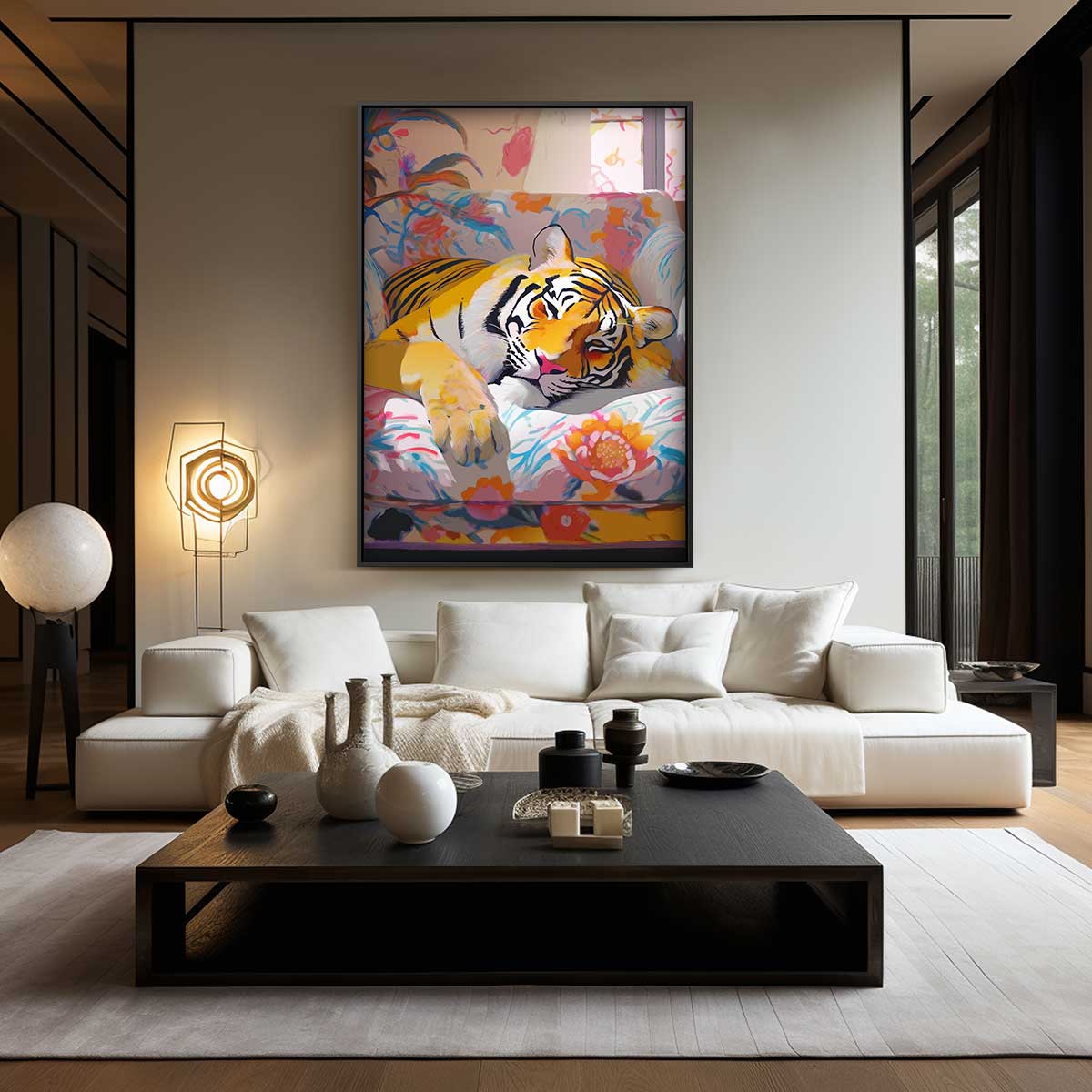 Luie Tijger Knus in Bloemenfauteuil Kunstwerk-canvas-dibond-plexiglas-wanddecoratie-WallArtistic