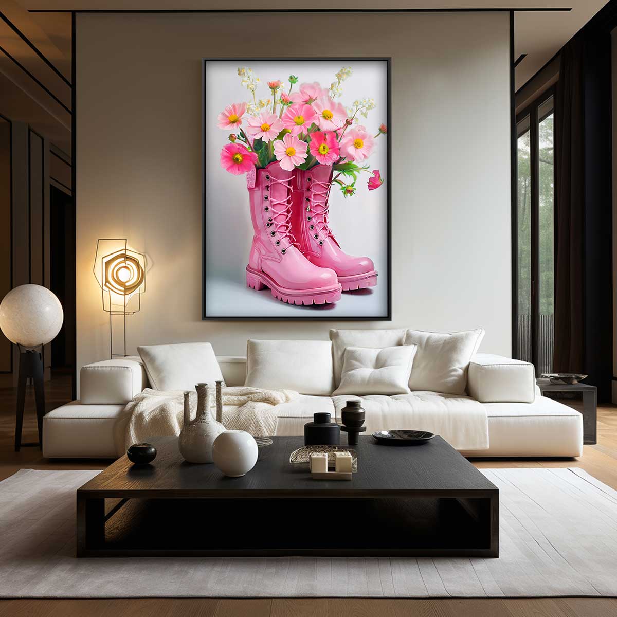 Bloemenfestijn in Roze Laarzen Kunstwerk-canvas-dibond-plexiglas-wanddecoratie-WallArtistic