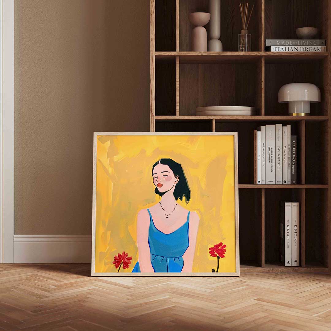 Vrouw in blauwe jurk Poster