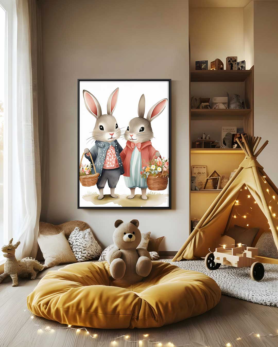 Schattige Konijntjes met Bloemenmanden Kunstwerk-canvas-dibond-plexiglas-wanddecoratie-WallArtistic