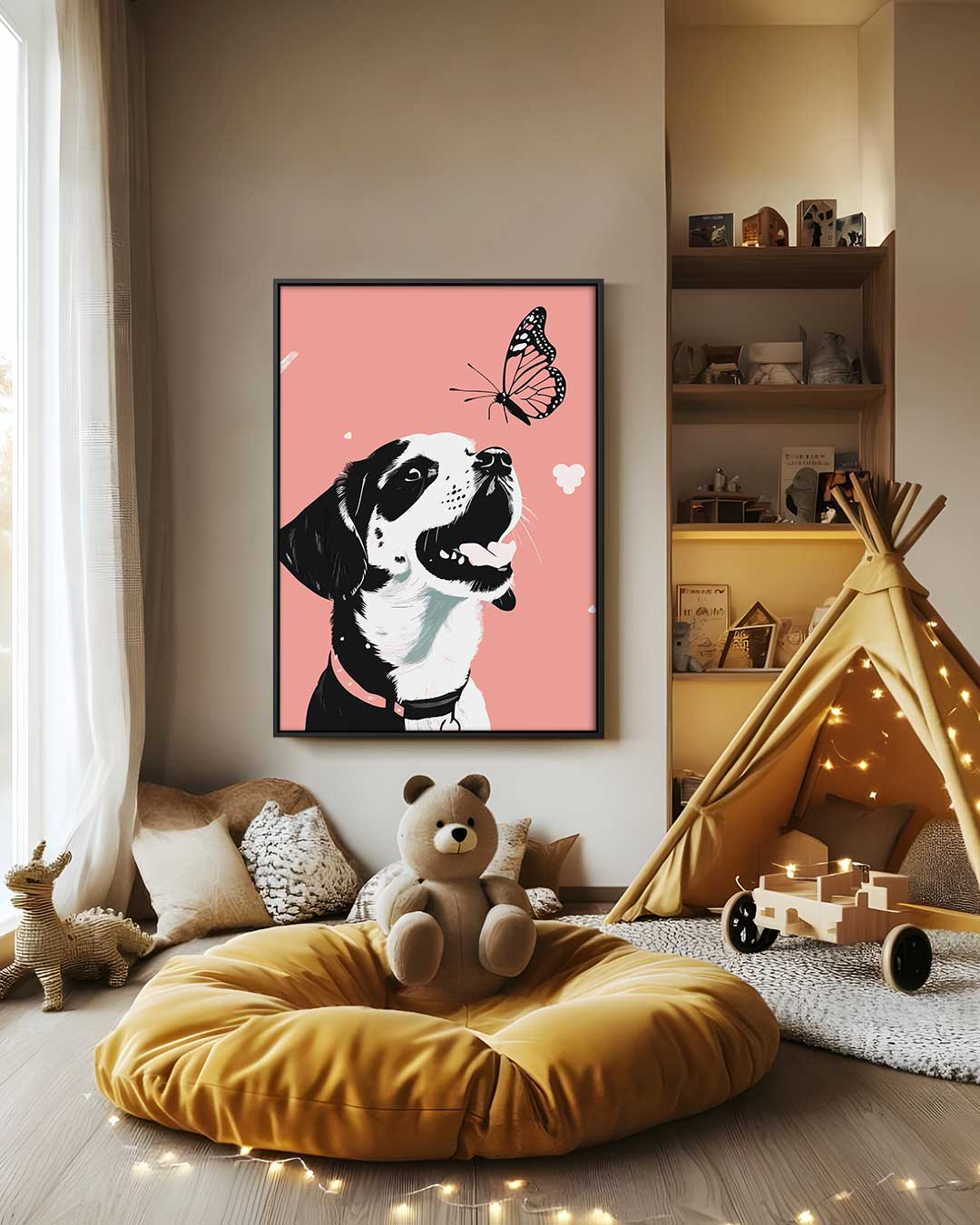 Vrolijke Puppy Met Vlinder Kunstwerk-canvas-dibond-plexiglas-wanddecoratie-WallArtistic
