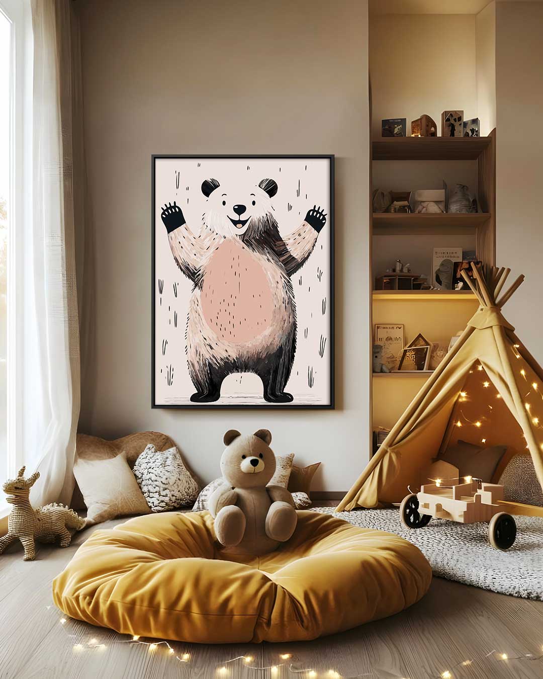 Vrolijke Panda Illustratie Kunstwerk-canvas-dibond-plexiglas-wanddecoratie-WallArtistic