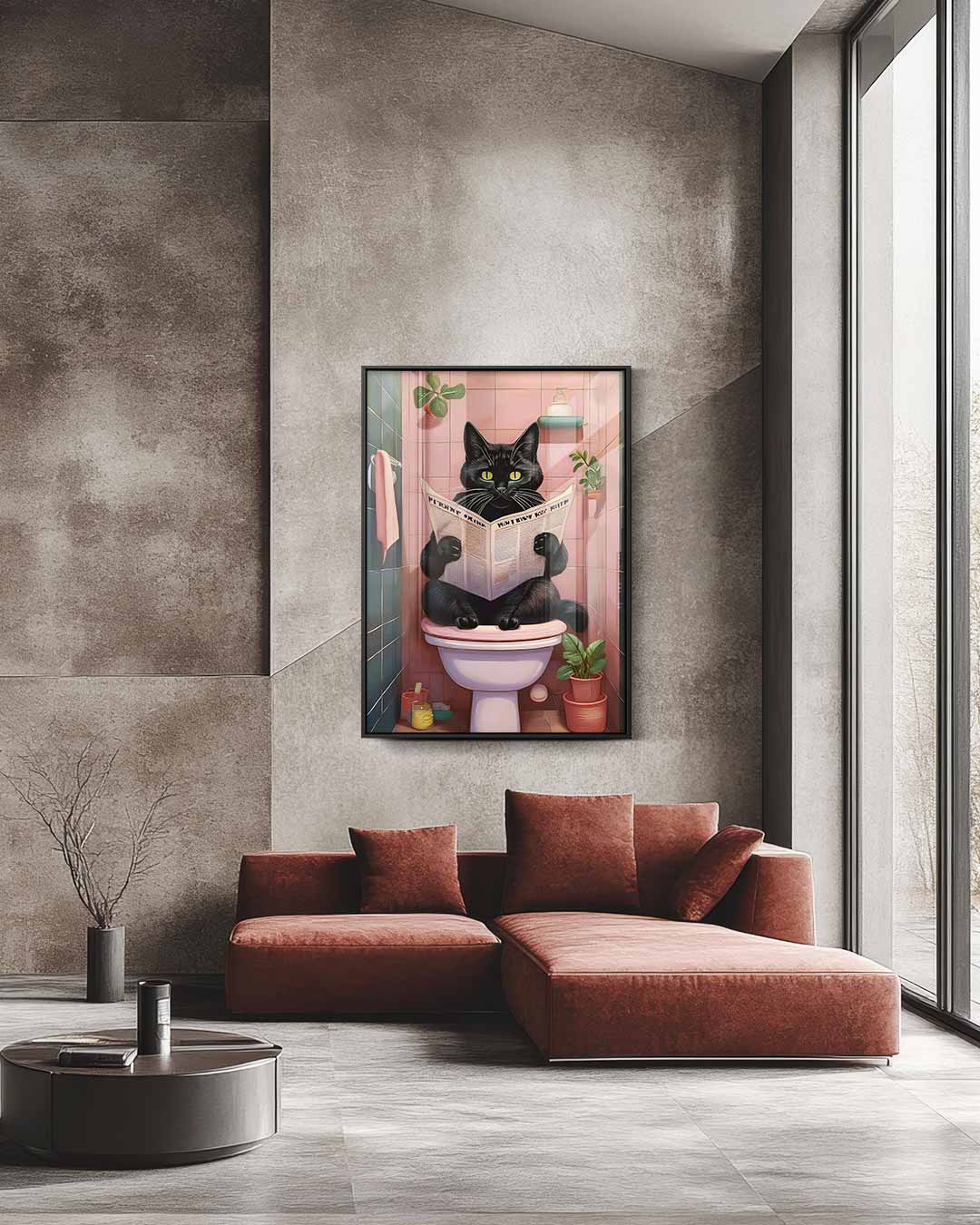 Kat Met Krant in de Badkamer Kunstwerk-canvas-dibond-plexiglas-wanddecoratie-WallArtistic