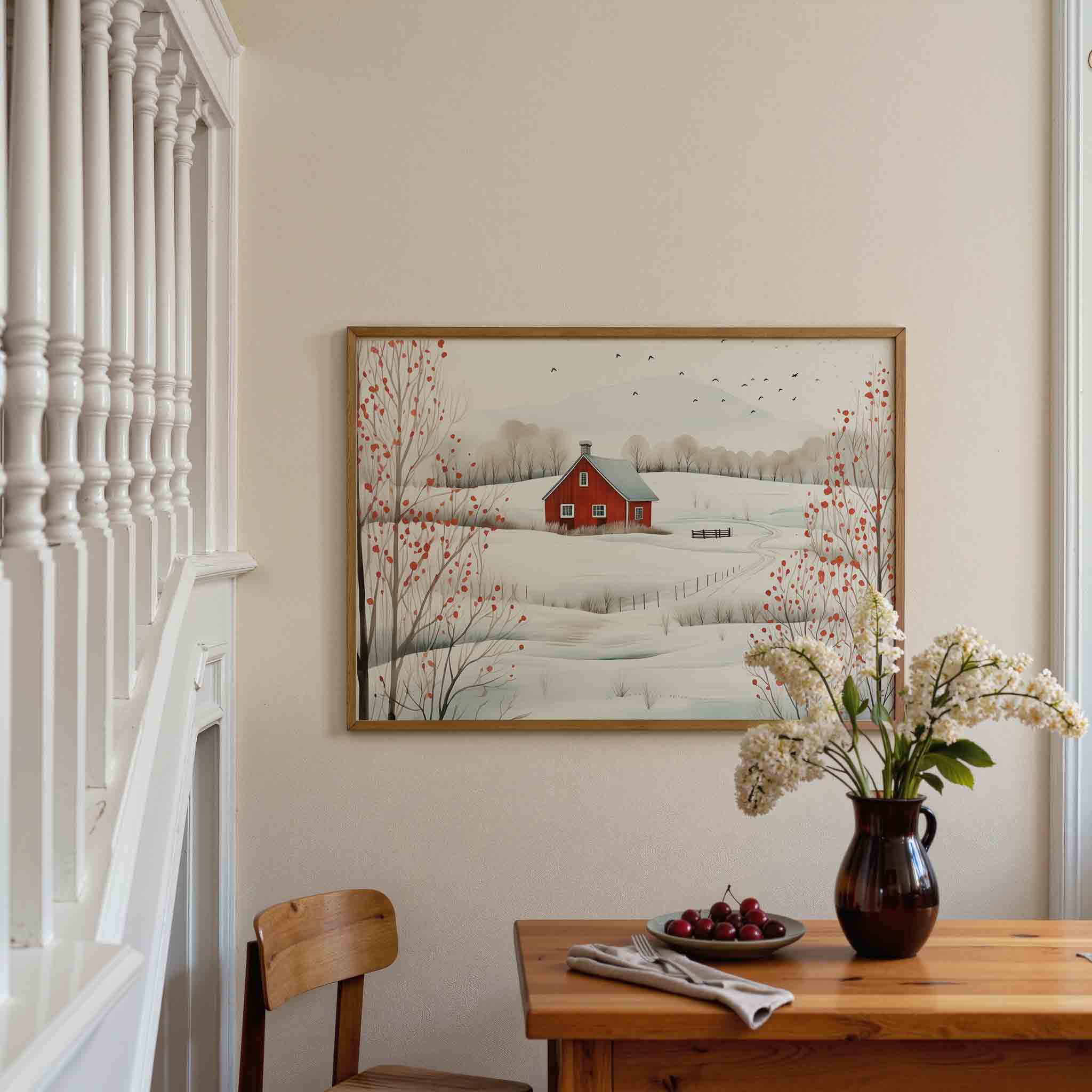 Winterlandschap met rood huis Poster