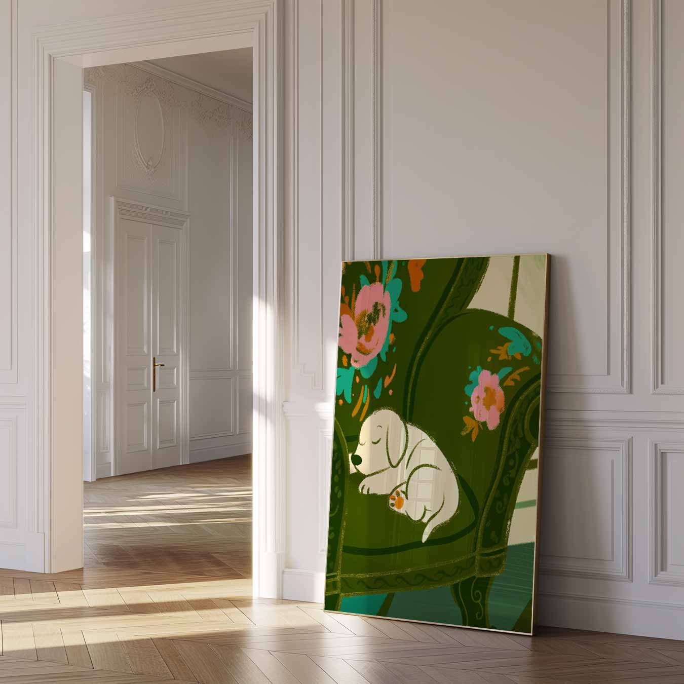 Slapende Puppy op Bloemenstoel Poster