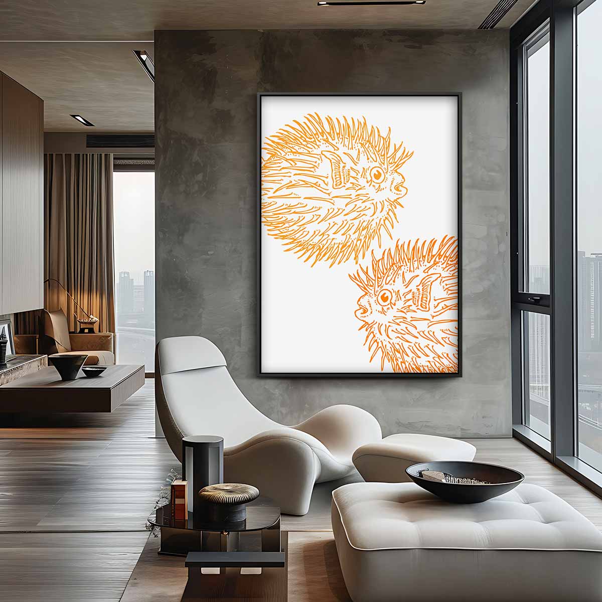 Opvallende Oranje Kogelvis Illustratie Kunstwerk-canvas-dibond-plexiglas-wanddecoratie-WallArtistic