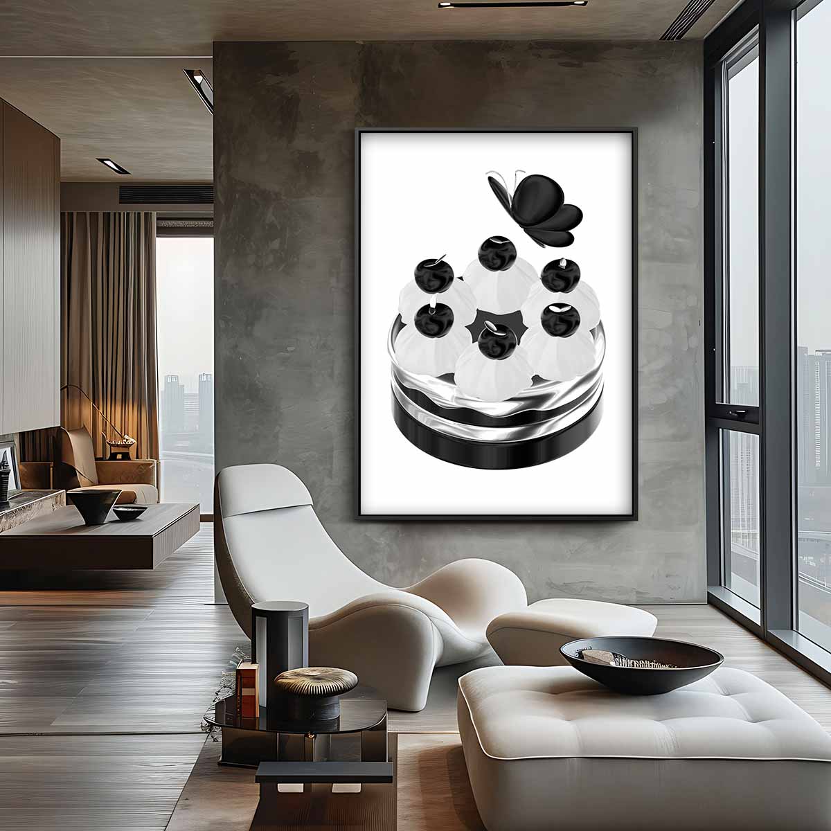 Zwart-witte vlinder op verfijnde taart Kunstwerk-canvas-dibond-plexiglas-wanddecoratie-WallArtistic