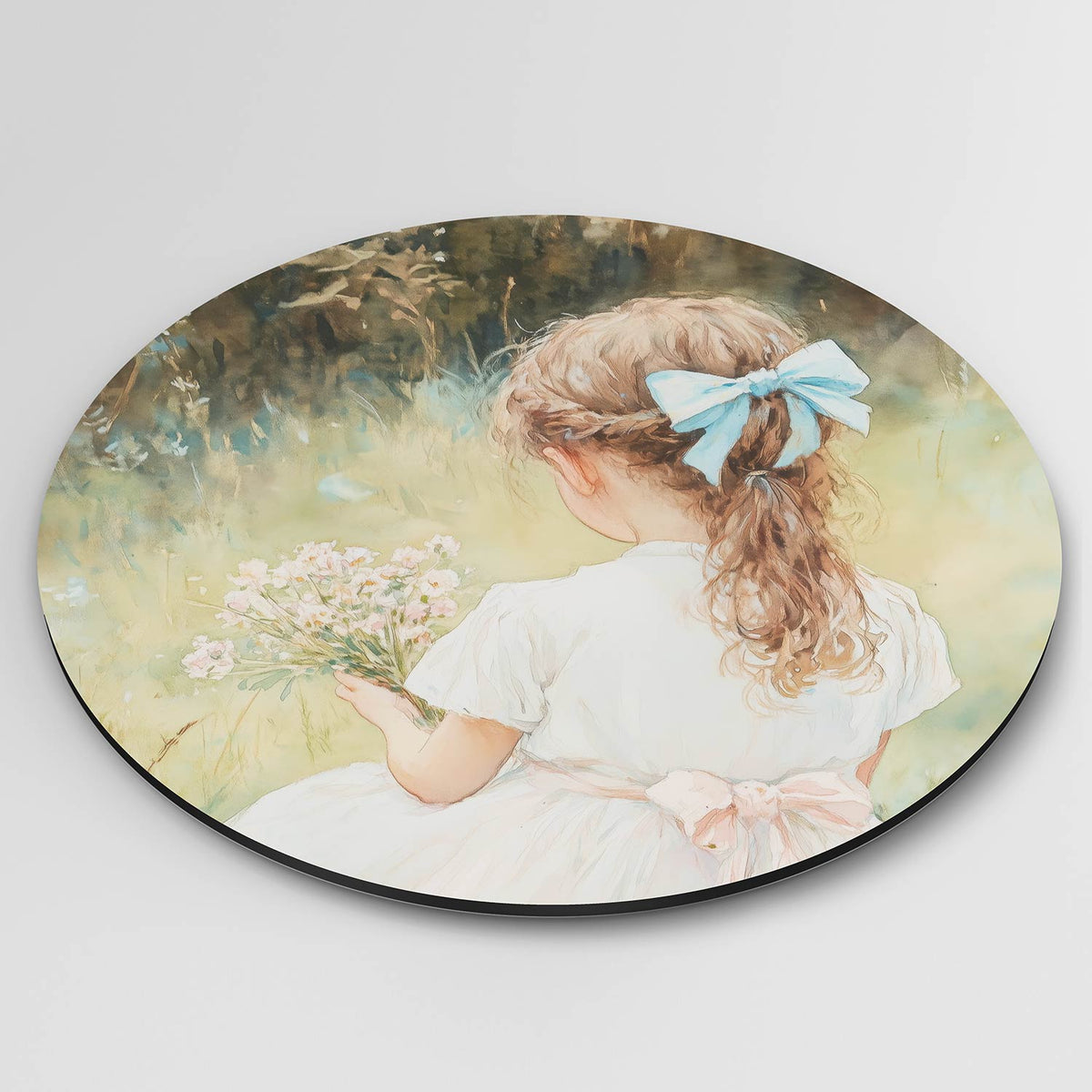 Meisje met bloemen Muurcirkel – detailweergave – Een jong meisje met een blauwe strik in haar haar houdt een boeket roze
