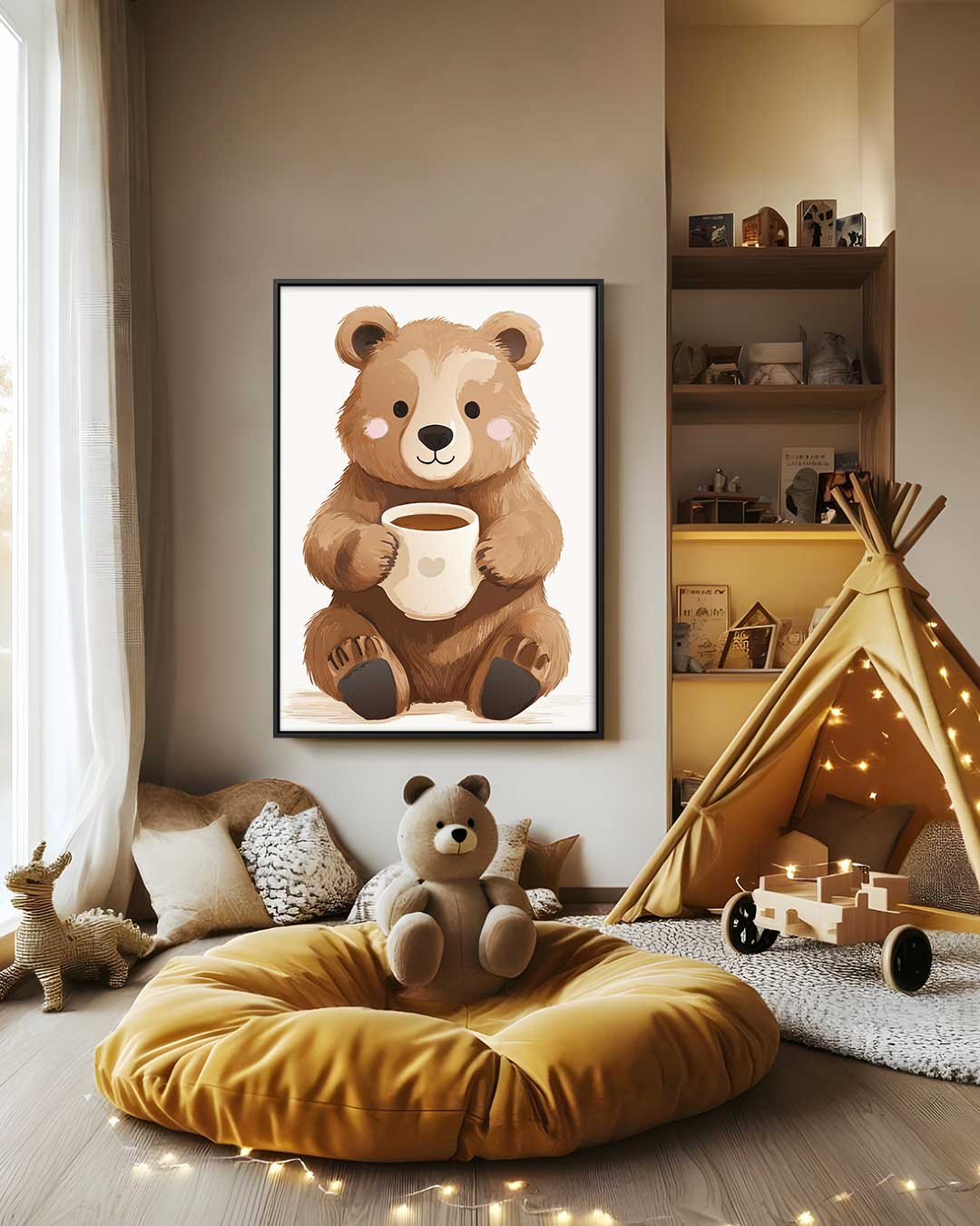 Knuffelbeer met Kopje Koffie Kunstwerk-canvas-dibond-plexiglas-wanddecoratie-WallArtistic