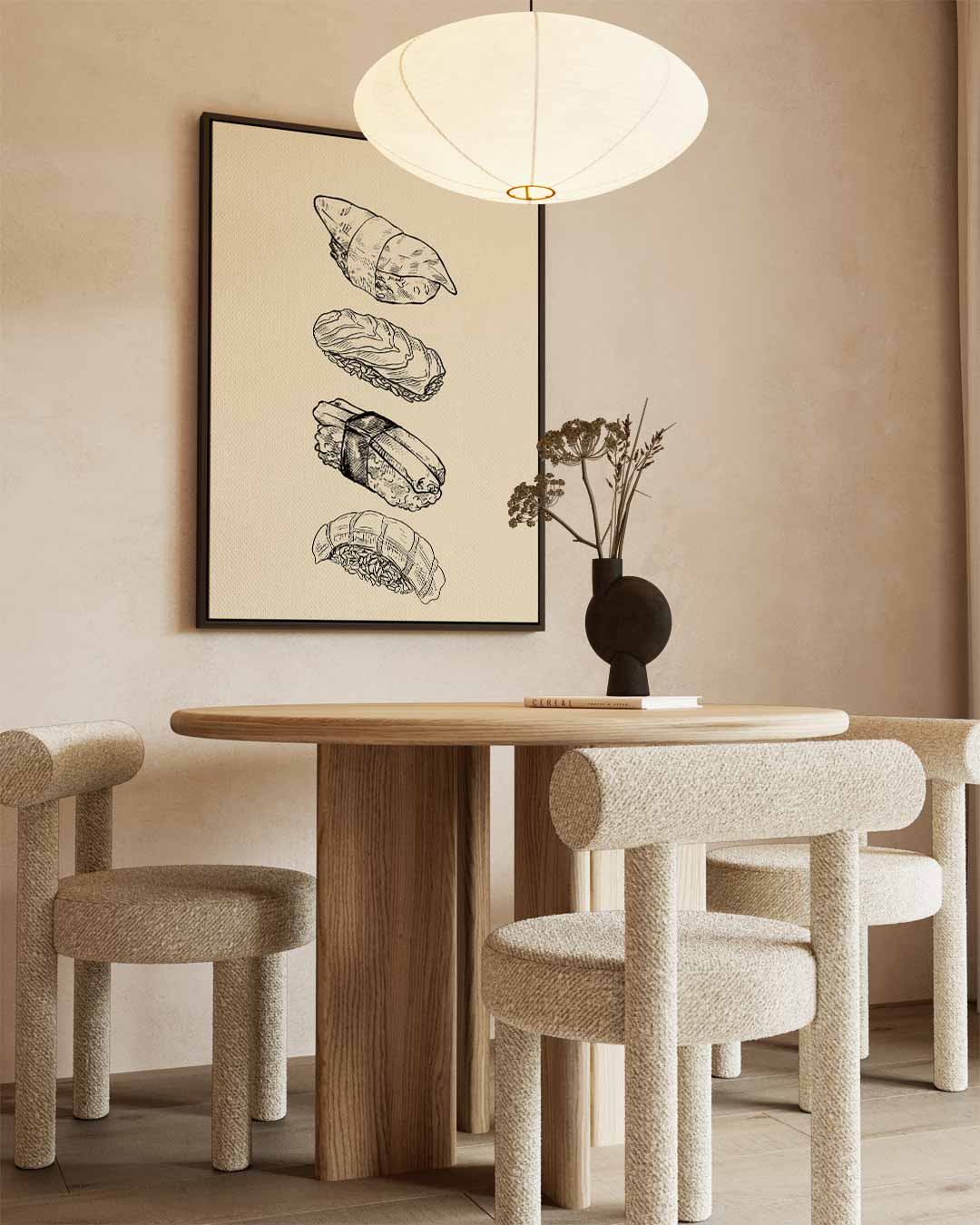 Sushi Illustratie op Beige Achtergrond Kunstwerk-canvas-dibond-plexiglas-wanddecoratie-WallArtistic
