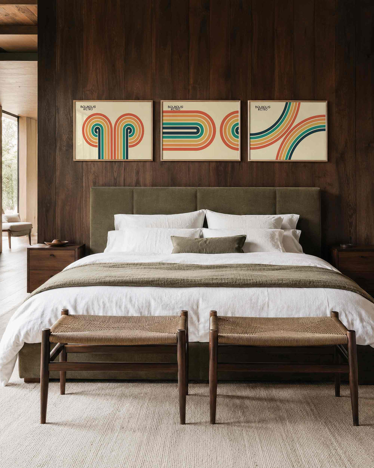Interieurmockup van drieluik landscape-posterset met gestapelde kleurbogen