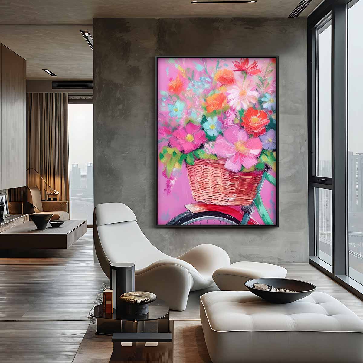 Bloemenmandje op Fiets Kunstwerk-canvas-dibond-plexiglas-wanddecoratie-WallArtistic